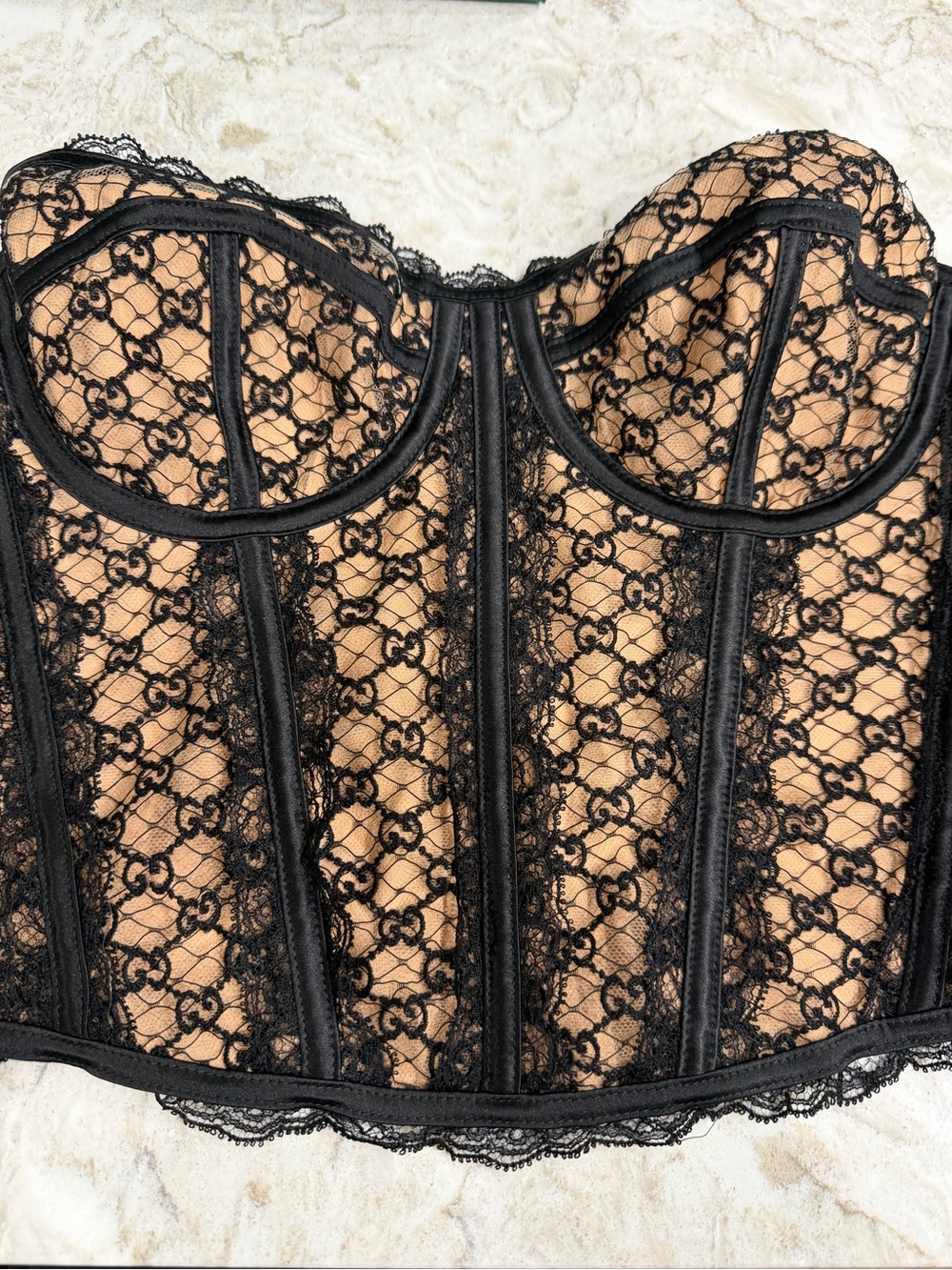 Gucci GG Net Black Lace Bustier with Nude Underlay